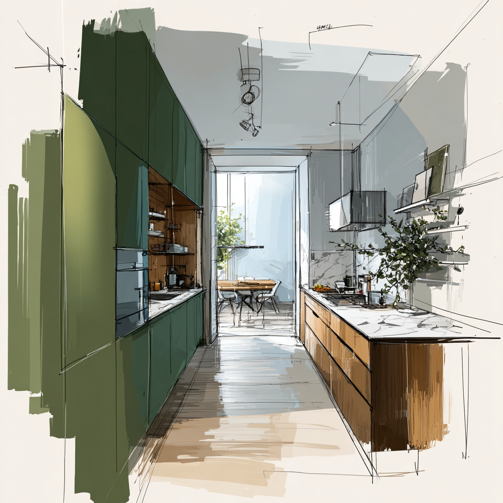 Schizzo concettuale di una cucina verde e legno