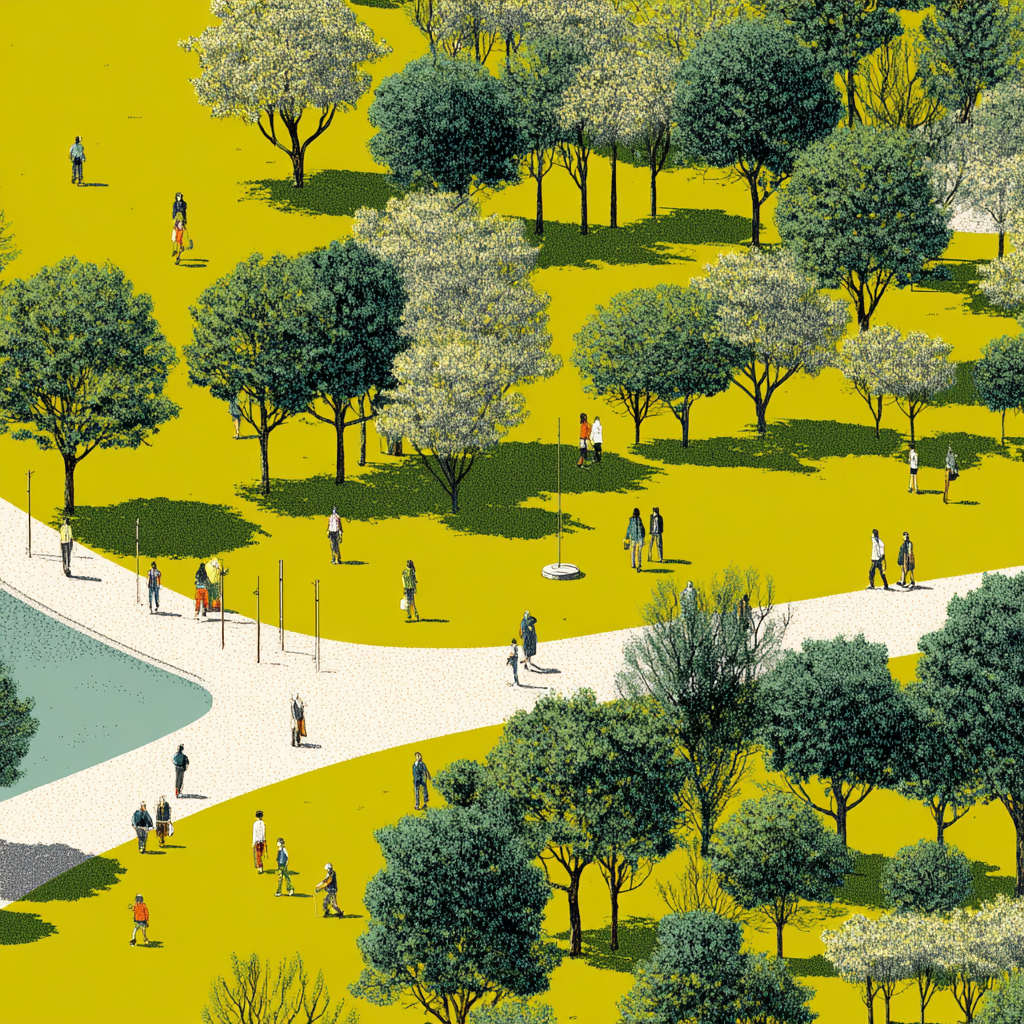 Vista dall’alto di un parco con alberi, percorsi e persone